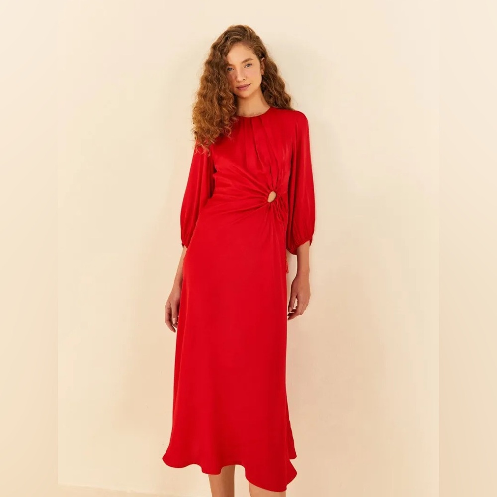 FARM Rio Vibrant Red Long-Sleeve Drawstring Midi Dress - Picture 5 of 6